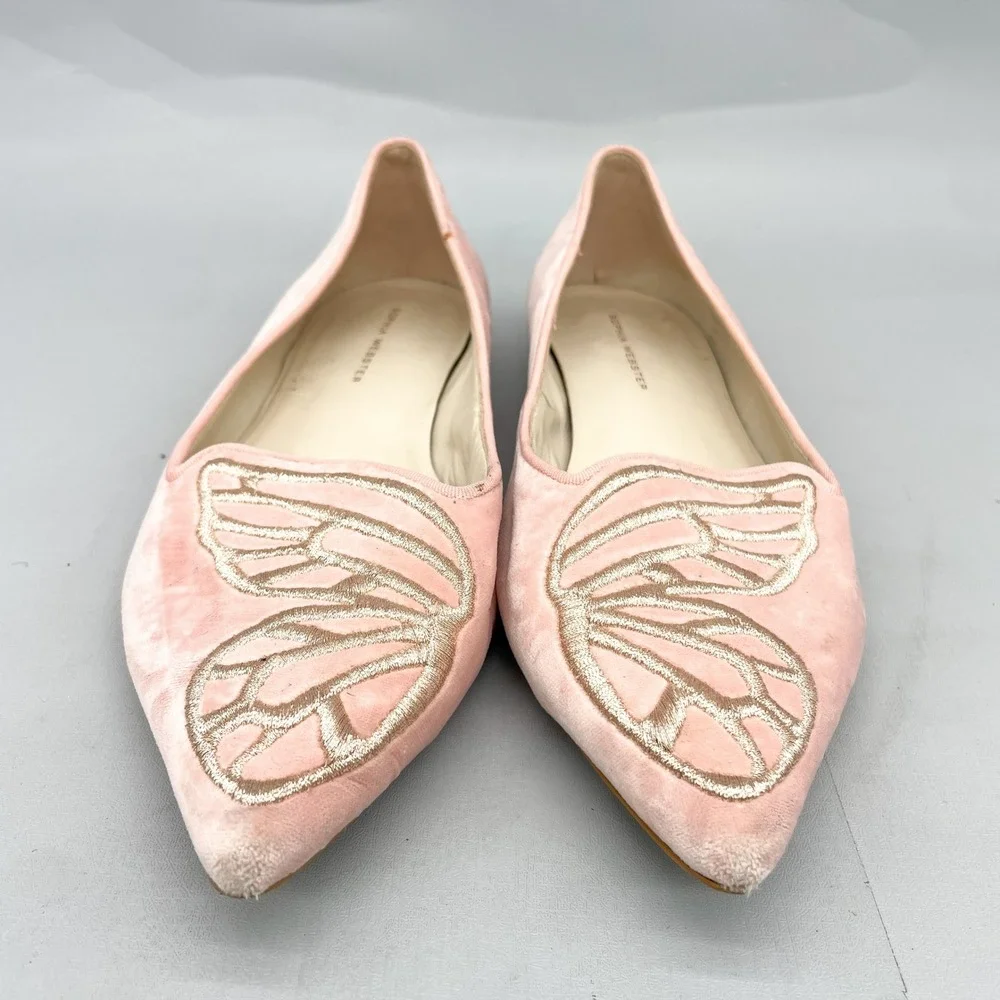 Sophia Webster Bibi Butterfly Pink Velvet Pointed Toe Ballet Flats Womens 39 8.5 - Picture 4 of 12
